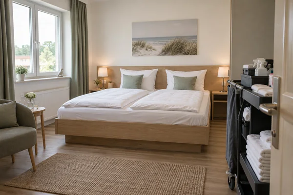 Vorbereitetes Gästezimmer mit Reinigungswagen, Symbolbild für Ferienwohnungsreinigung