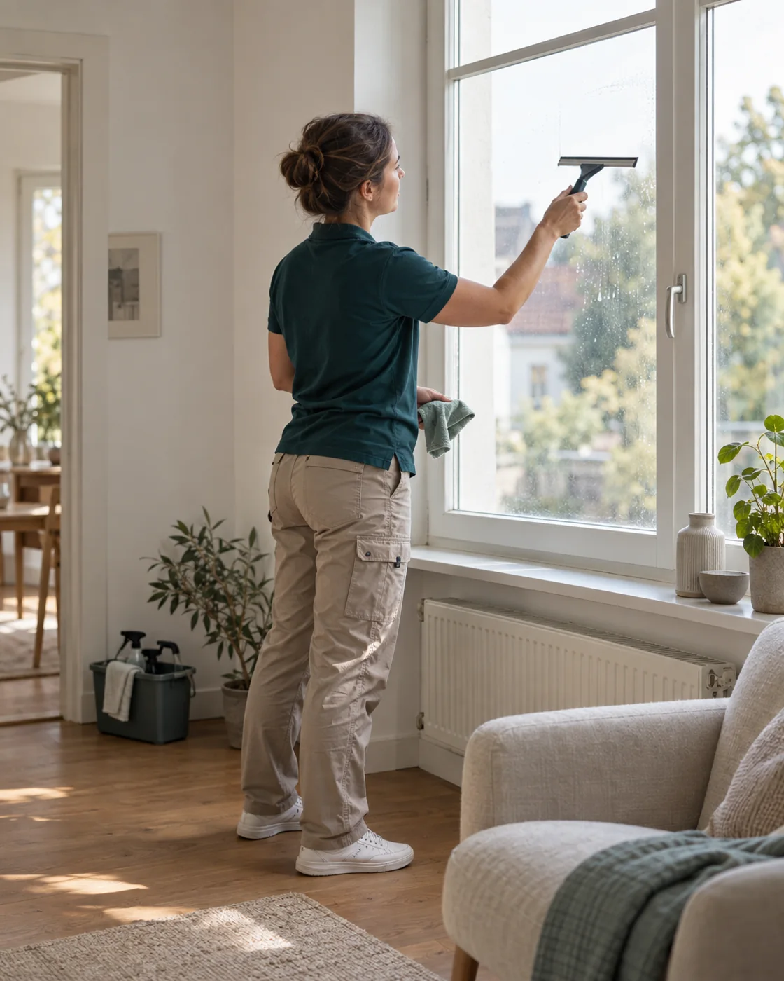 Reinigungskraft in grünem Poloshirt beim Reinigen eines Fensters, Symbolbild