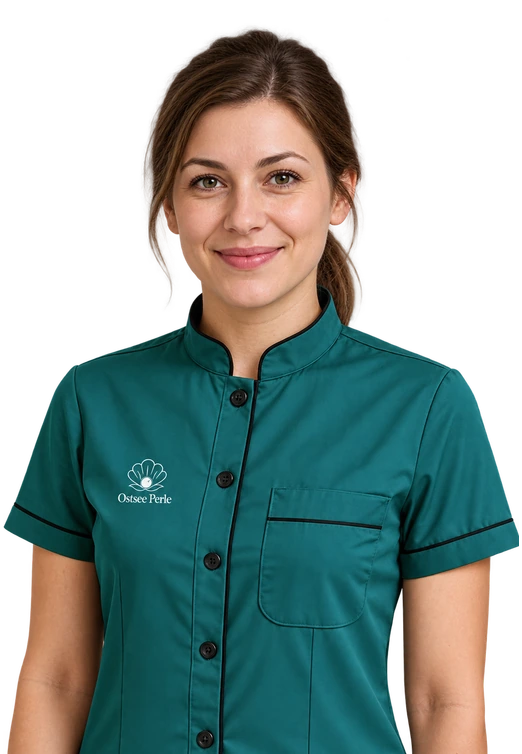 Frau in grüner Arbeitskleidung mit Ostsee-Perle-Logo, Symbolbild